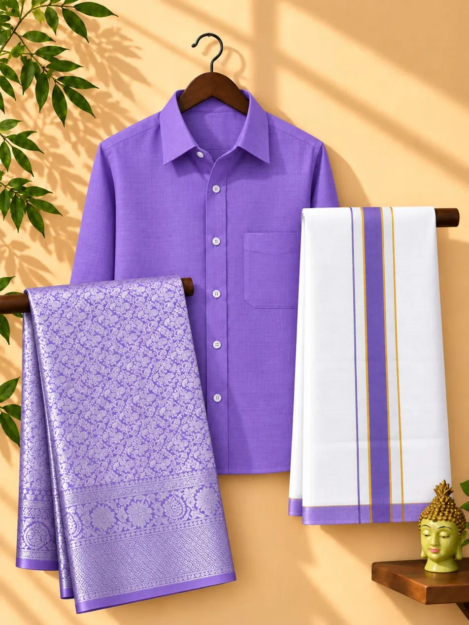 Lilac Purple Silver Paisley Zari Couple Combo Set